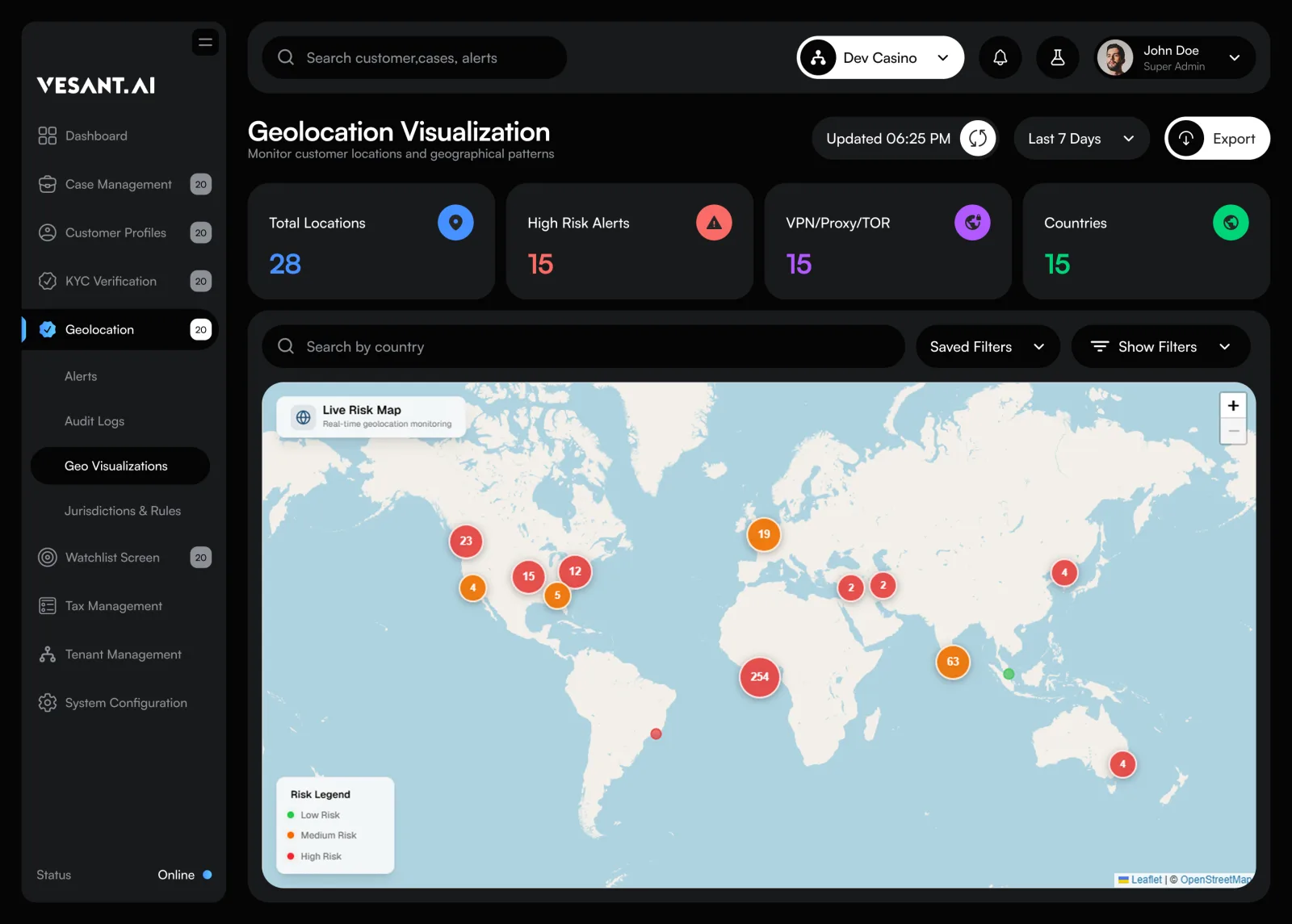 Vesant platform geolocation visualization